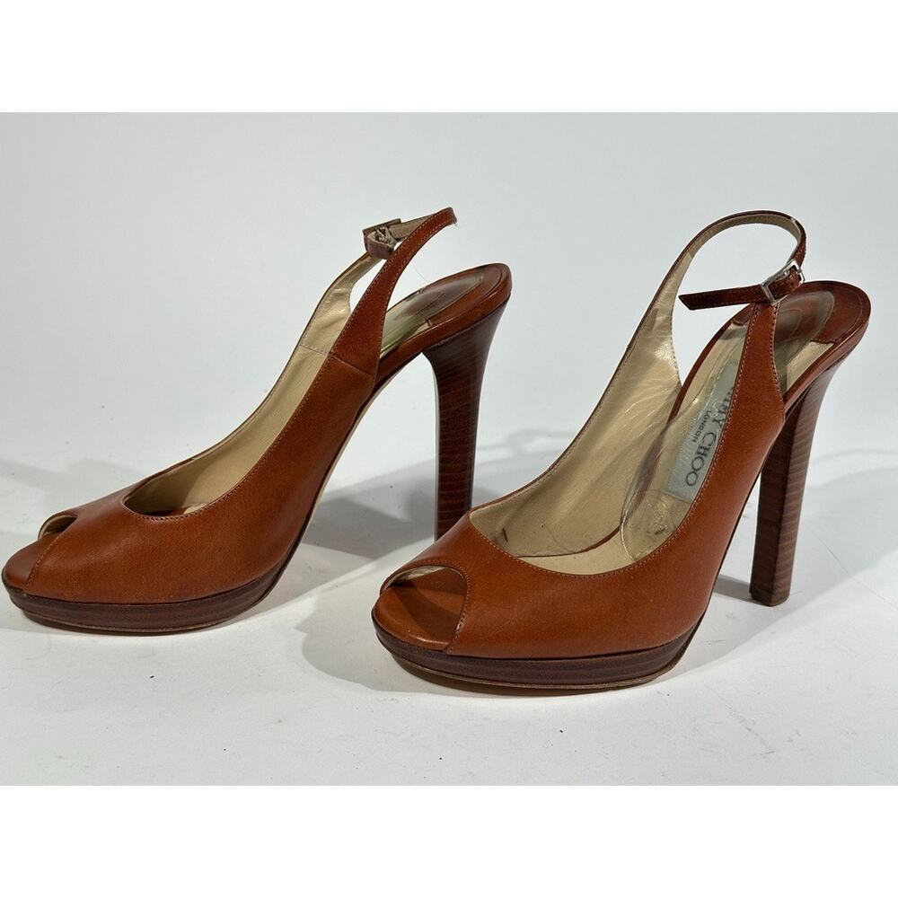 Jimmy Choo Platform Slingback Peep Roe Patent Leather Tan High Heel 7.5" - Picture 2 of 5